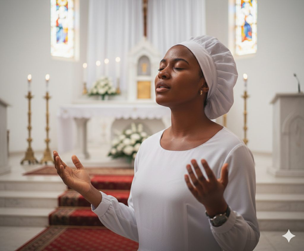 Church member in white worship garments praying with raised hands before the altar