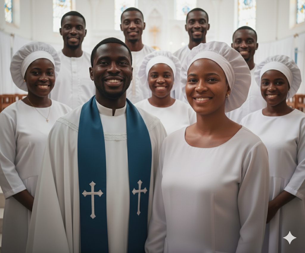 Smiling church members in white worship garments with a minister in a blue stole