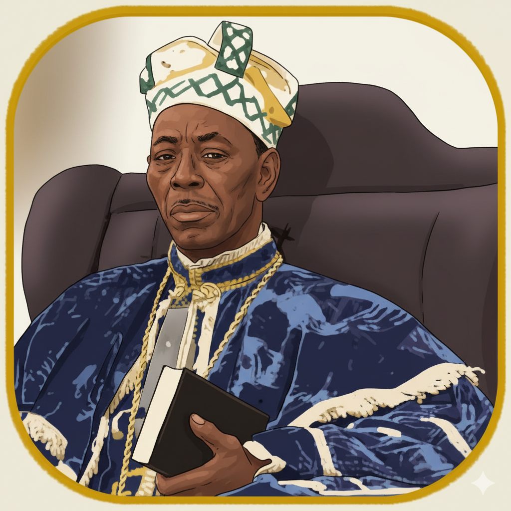Illustrated portrait of Rev. Samuel Bilehou Joseph Oshoffa, founder of the Celestial Church of Christ, holding a Bible